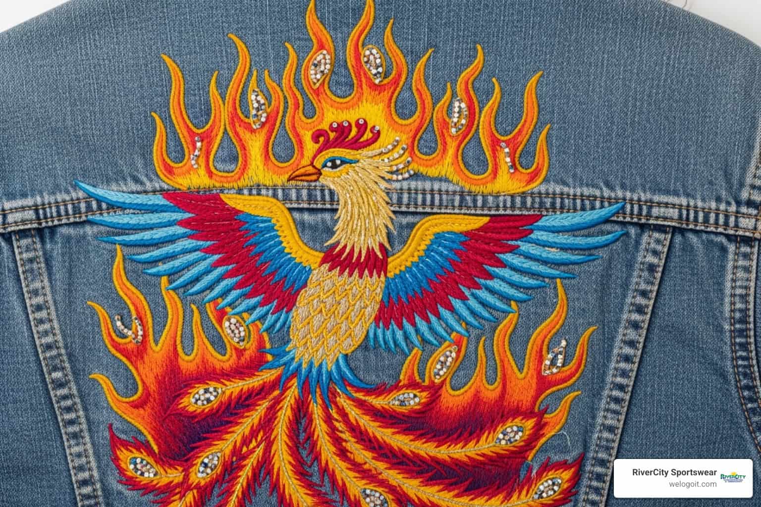 Embroidered phoenix design on denim jacket for sportswear fashion.