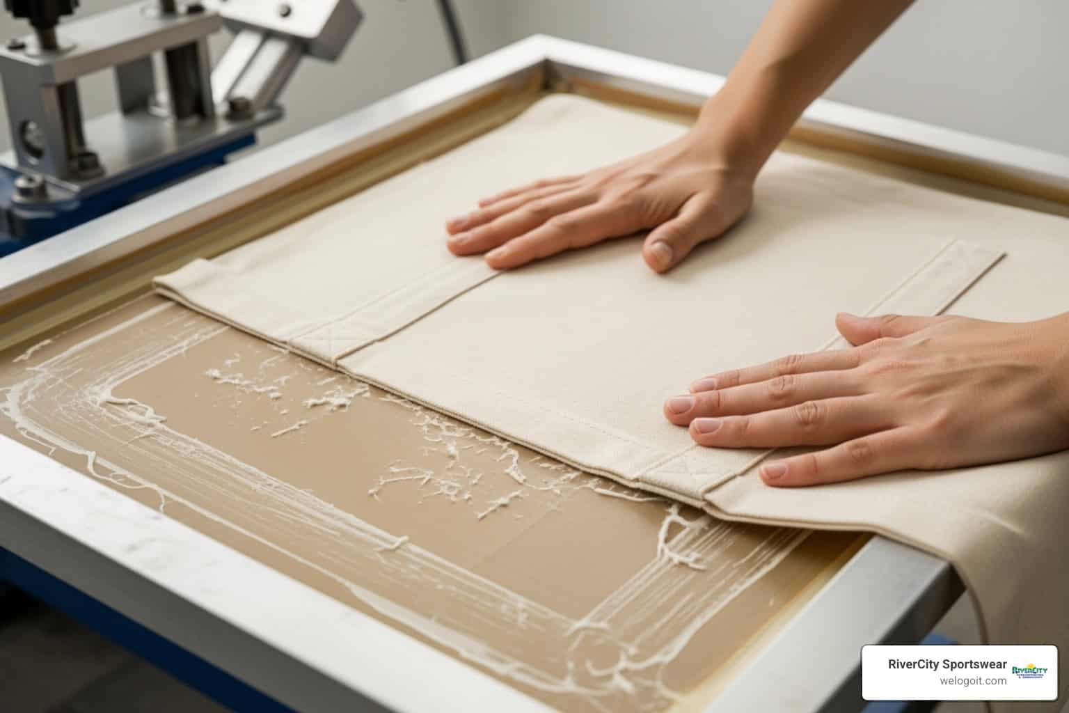 canvas bag being loaded onto a printing platen - screen printing canvas bags canvas bag being loaded onto a printing platen - screen printing canvas bags